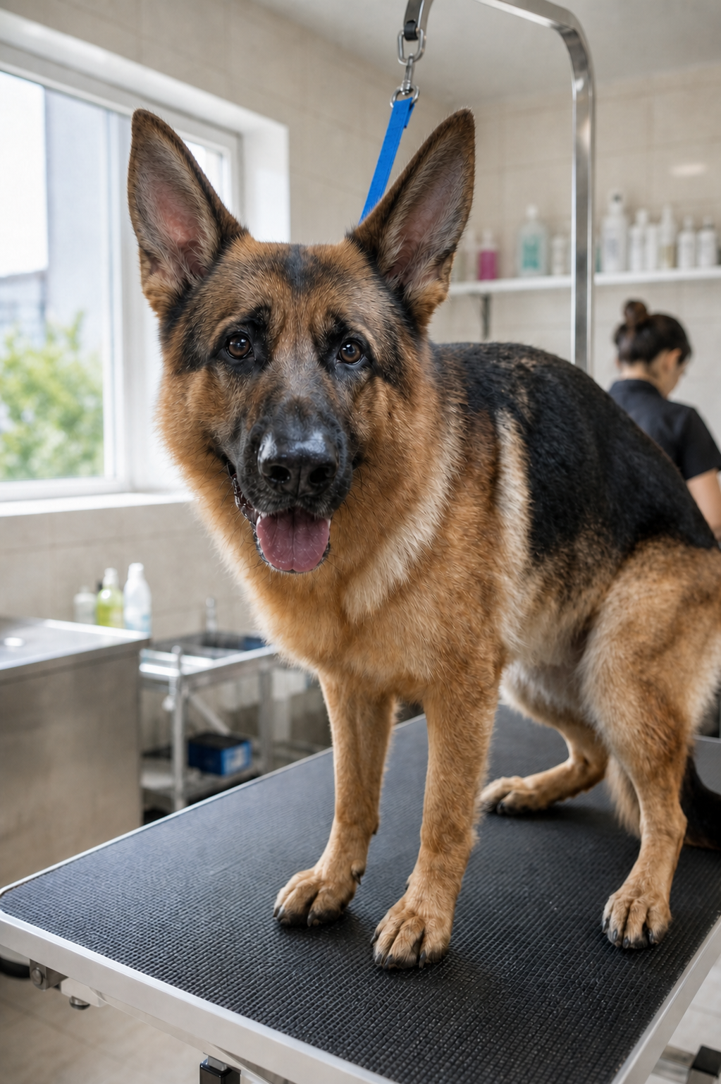 A dog braced on a grooming table